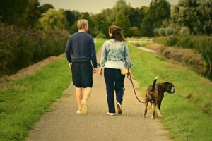 Couple out walking with their dog